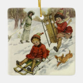 ビクトリア時代のクリスマス 子供たちのスレッジと犬 セラミックオーナメント (正面)