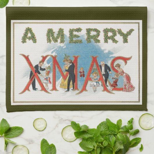 ビクトリア時代のクリスマス、楽しいXmasパーティー キッチンタオル (折り畳み)