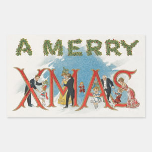 ビクトリア時代のクリスマス、楽しいXmasパーティー 長方形シール