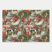 ビクトリア時代のクリスマス　猫と犬のスクラップコラージュ ラッピングペーパーシート (正面2)