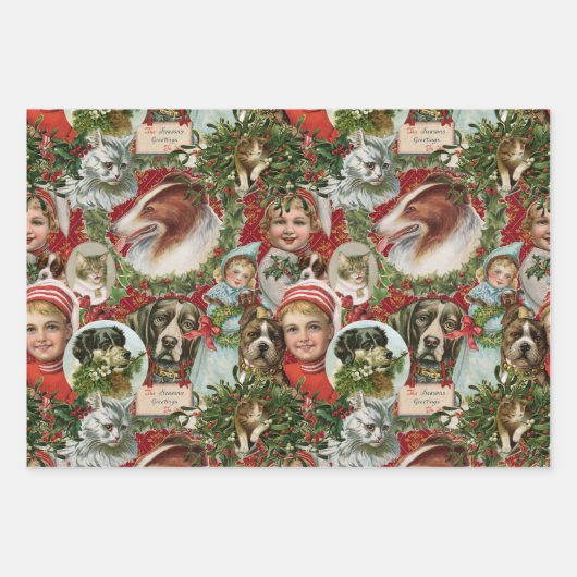 ビクトリア時代のクリスマス　猫と犬のスクラップコラージュ ラッピングペーパーシート (正面2)