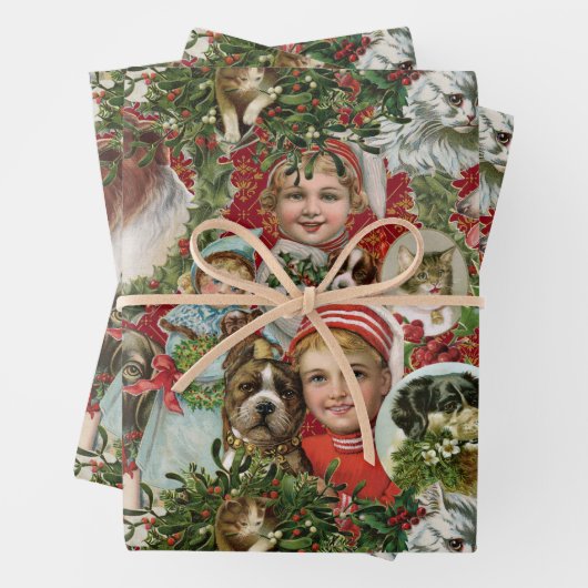 ビクトリア時代のクリスマス　猫と犬のスクラップコラージュ ラッピングペーパーシート (インサイチュ)