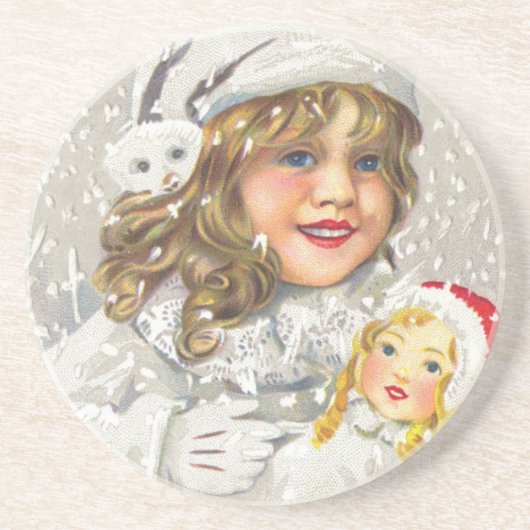 ビクトリア時代のクリスマス 雪の中で人形を持つ少女 コースター (正面)