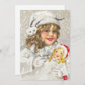 ビクトリア時代のクリスマス　雪の中で人形を持つ少女 シーズンカード (正面/裏面)