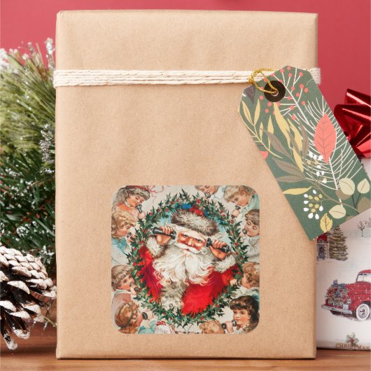 ビクトリア時代のサンタクロースが子供たちと電話で話す スクエアシール (クリスマス)