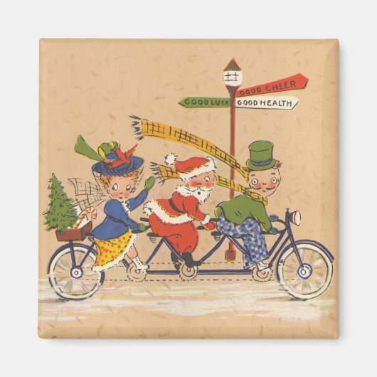 ビクトリア時代のサンタクロースが自転車に乗るクリスマス マグネット (正面)