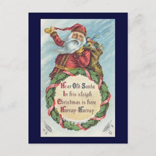 ビクトリア時代のサンタクロースが飾られたクリスマスのリース シーズンポストカード (正面)