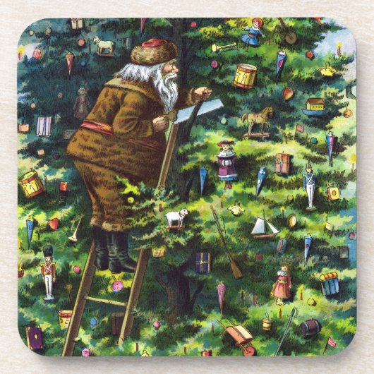 ビクトリア時代のサンタクロースとクリスマスツリー コースター (正面)