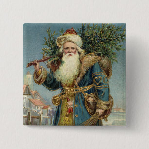 ビクトリア時代のサンタクロースとクリスマスツリー 缶バッジ