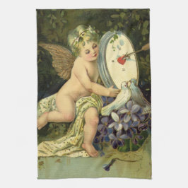 ビクトリア時代のバレンタインデー、レトロな天使の愛の鳥 キッチンタオル