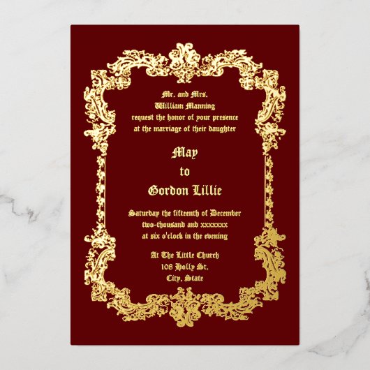 ビクトリア時代のバロック様式の葉飾りフレーム 箔招待状 (正面)