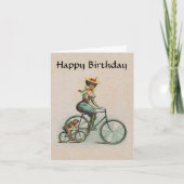 ビクトリア時代のレディーの犬との自転車の誕生日 カード (正面)