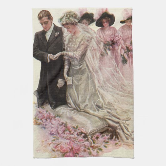 ビクトリア時代のヴィンテージ結婚式 新婦と新郎 キッチンタオル (縦)