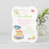 ビクトリア時代の人によって積み重ねられるティーカップの茶パーティの招待状 招待状 (スタンド正面)