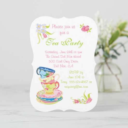 ビクトリア時代の人によって積み重ねられるティーカップの茶パーティの招待状 招待状 (スタンド正面)