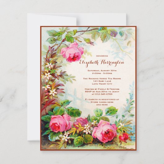 ビクトリア時代の人のばら色のコテージの庭のベビーシャワー 招待状 (裏面)