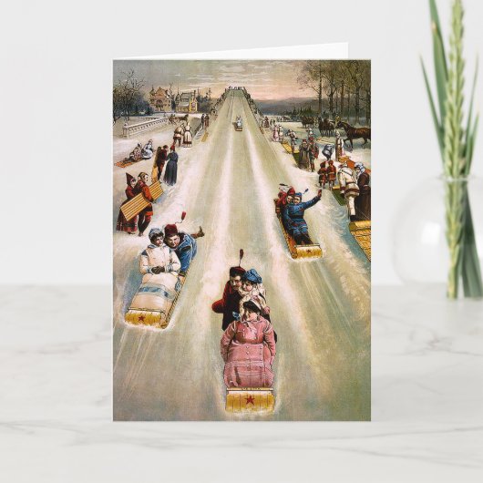 ビクトリア時代の人のSledding丘のヴィンテージのクリスマス シーズンカード (正面)