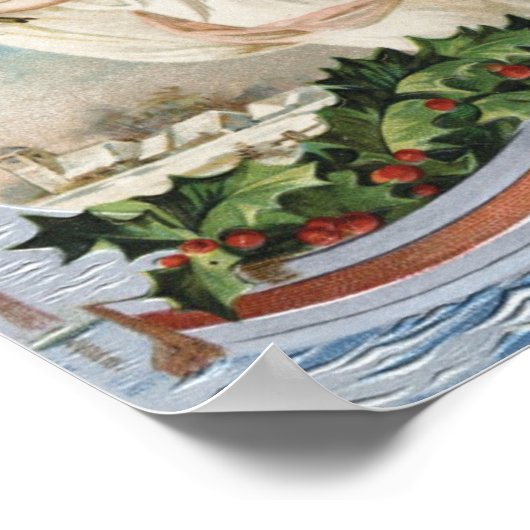 ビクトリア時代の天使が帆船に乗ったヴィンテージクリスマス ポスター (角)