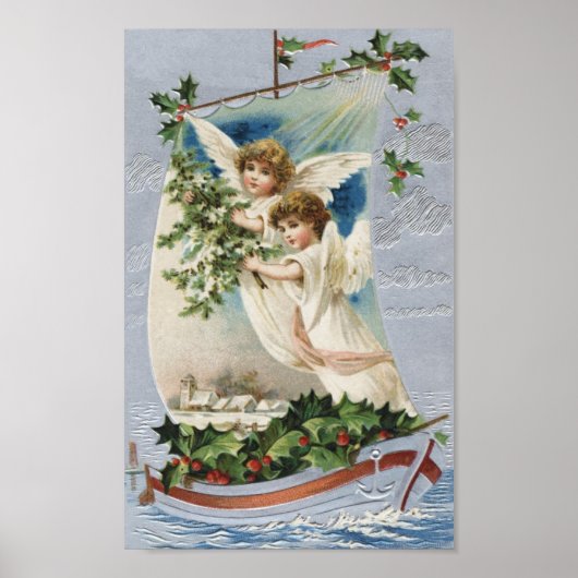 ビクトリア時代の天使が帆船に乗ったヴィンテージクリスマス ポスター (正面)