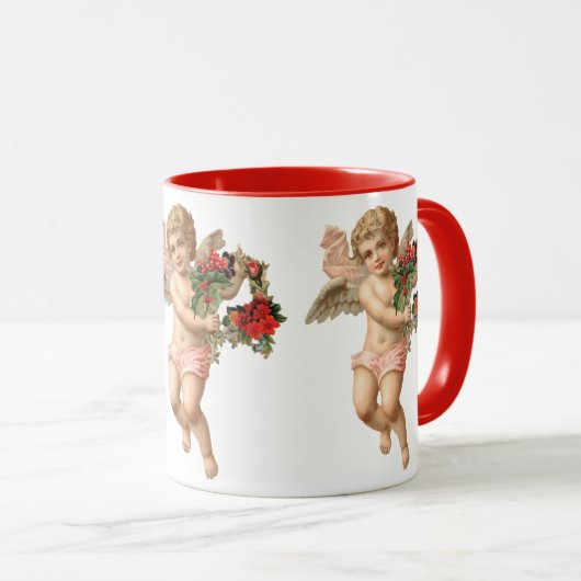 ビクトリア時代の天使が花の輪を持つクリスマス ヴィンテージ,  マグカップ (正面右)