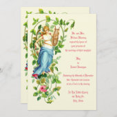 ビクトリア時代の女性とハープとバラの結婚式 招待状 (正面/裏面)