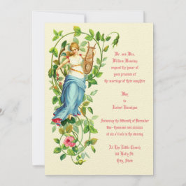 ビクトリア時代の女性とハープとバラの結婚式 招待状