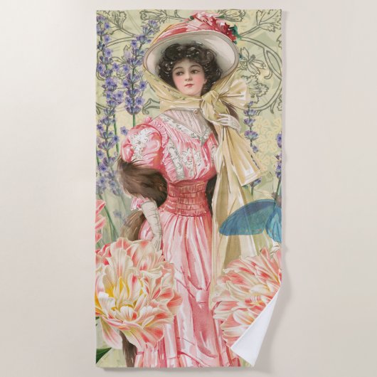 ビクトリア時代の女性 レジーシー ピンクの花 ビーチタオル (正面)