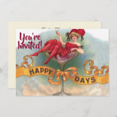 ビクトリア時代の女性 赤いシャンパン 喜び 招待状 (正面/裏面)