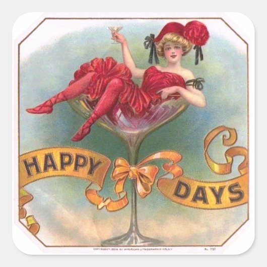 ビクトリア時代の女性 赤いシャンパン 幸せそう スクエアシール (正面)