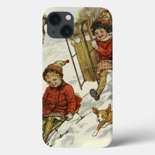 ビクトリア時代の子供たちのクリスマス、雪の丘をスリ sled する犬 Case-Mate iPhoneケース (裏面)