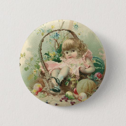 ビクトリア時代の子供、少女の春のフルーツバスケット 缶バッジ (正面)