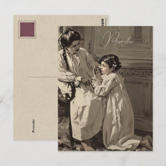 ビクトリア時代の寝る前の少女の祈りのヴィンテージ写真 ポストカード (正面/裏面)