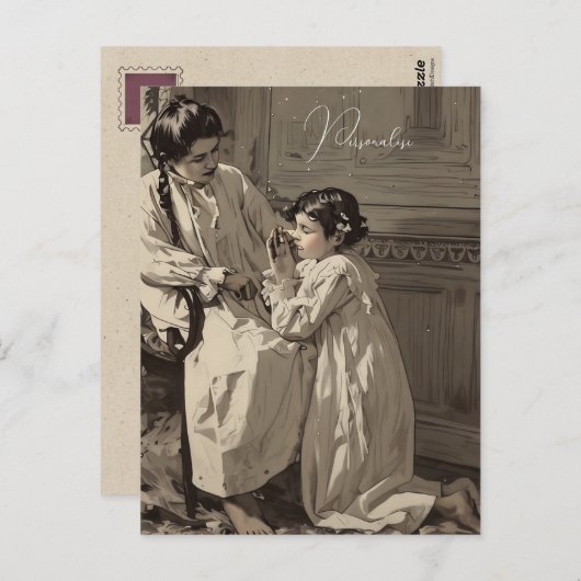 ビクトリア時代の寝る前の少女の祈り ヴィンテージ写真 ポストカード (正面/裏面)