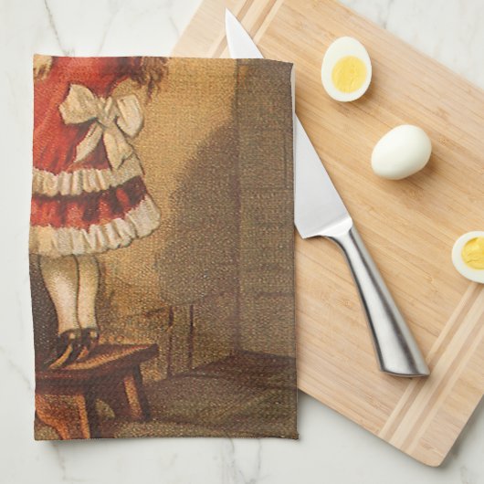 ビクトリア時代の少女がガーランドを吊るすクリスマス キッチンタオル (四つ折り)