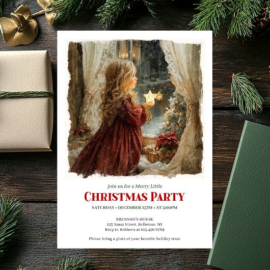 ビクトリア時代の少女がサンタを待つクリスマスのイラスト   招待状