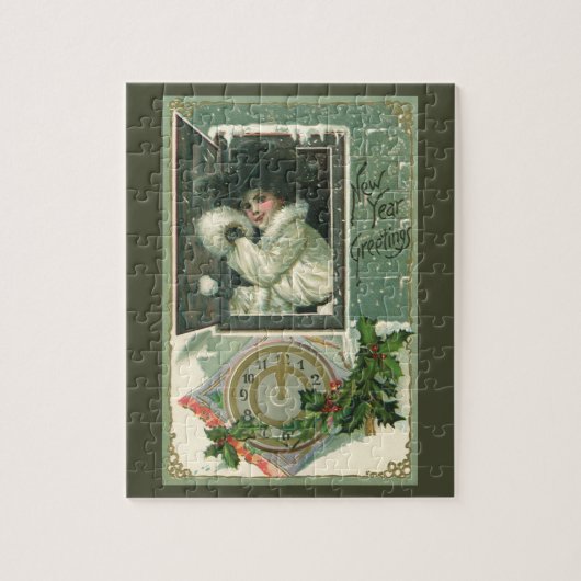 ビクトリア時代の少女が窓から顔を出す、ヴィンテージな新年の挨拶 ジグソーパズル (縦)
