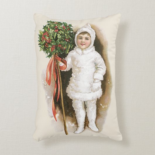 ビクトリア時代の少女とホーリーを使ったヴィンテージクリスマス アクセントクッション (正面(垂直))