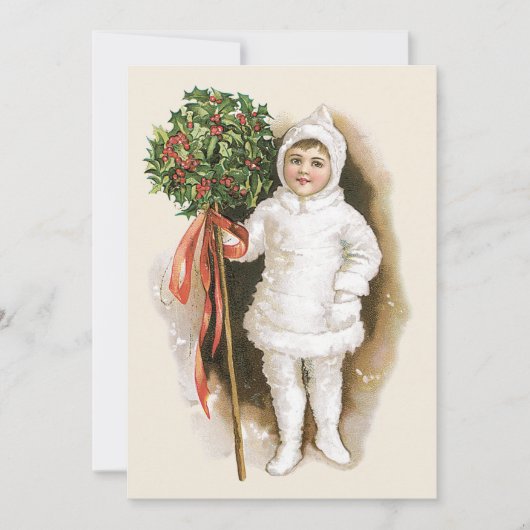 ビクトリア時代の少女とホーリーを使ったヴィンテージクリスマス 招待状 (正面)