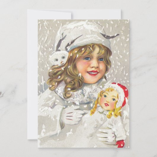 ビクトリア時代の少女と人形のクリスマス 雪の中 シーズンカード (正面)