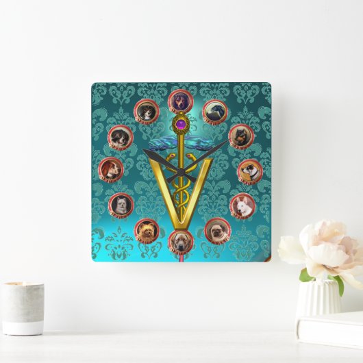 ビクトリア時代の犬の肖像 キャデュケウス 獣医シンボル スクエア壁時計 (ホーム)