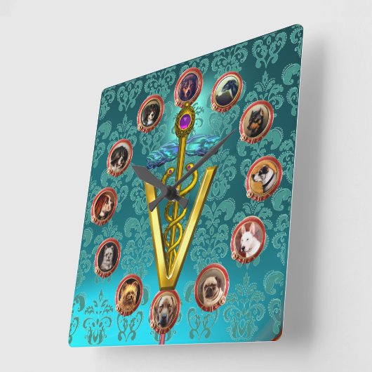 ビクトリア時代の犬の肖像 キャデュケウス 獣医シンボル スクエア壁時計 (傾斜)