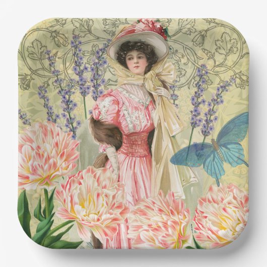 ビクトリア時代の華麗な女性 ピンクの花 ペーパープレート (正面)