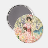 ビクトリア時代の華麗な女性 ピンクの花 マグネット (正面/裏面)