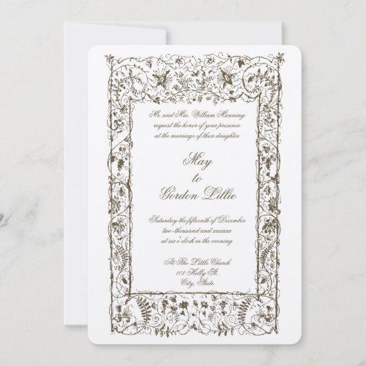 ビクトリア時代の華麗な植物ボーダーウェディング 招待状 (正面)