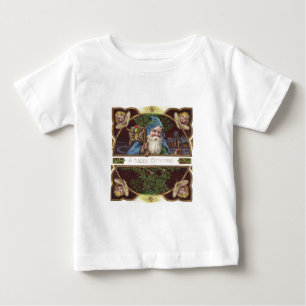 ビクトリア朝のサンタと天使 青いクリスマスのヴィンテージアート ベビーTシャツ