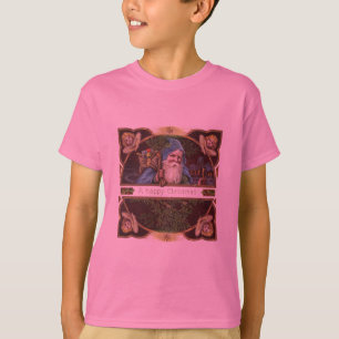 ビクトリア朝のサンタと天使 青いクリスマスのヴィンテージアート Tシャツ