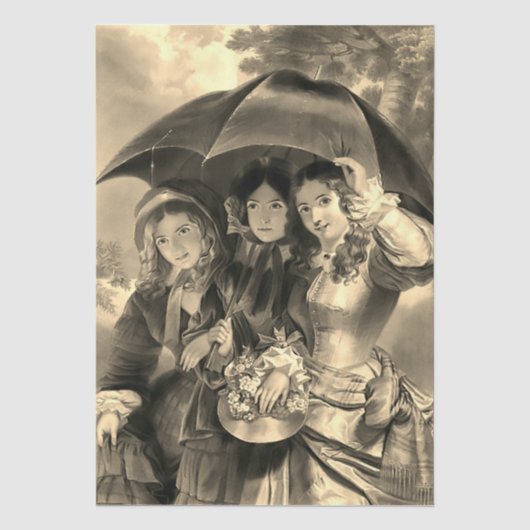 ビクトリア朝の女性 傘 雨の日 セピア 薄葉紙 (正面)