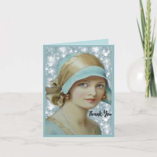 ビクトリア朝の女性 - 薄い青の帽子とドレス サンキューカード (正面)