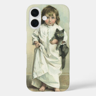 ビクトリア朝の少女のナイトガウン姿と猫 iPhone 16ケース
