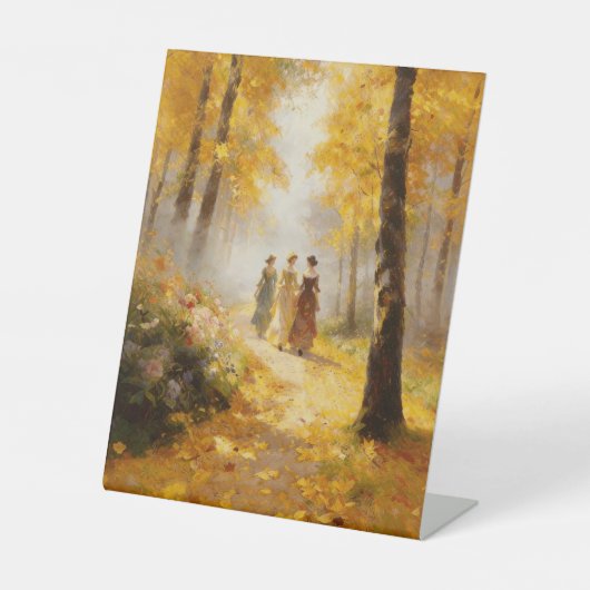 ビクトリア朝の貴婦人の秋の森の散歩の油絵 台座サイン (正面)